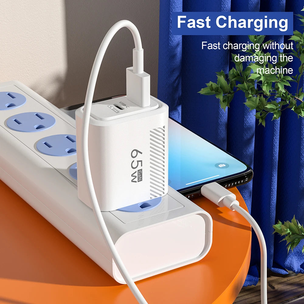 Compact 65W GaN Fast Charger – USB-C PD & QC 3.0 Universal Charger