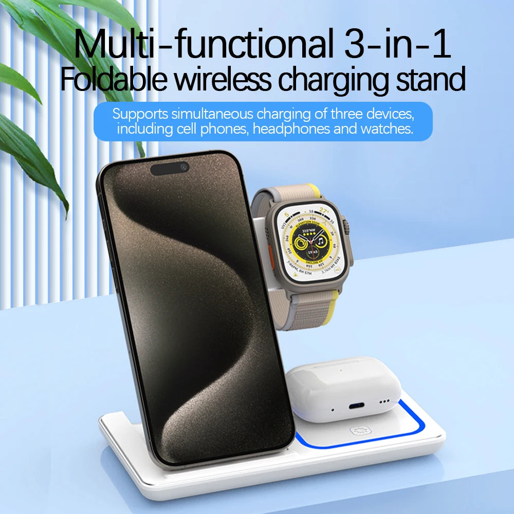 3‑in‑1 Fast Wireless Charger Stand – Foldable, LED Indicator, for Apple Devices