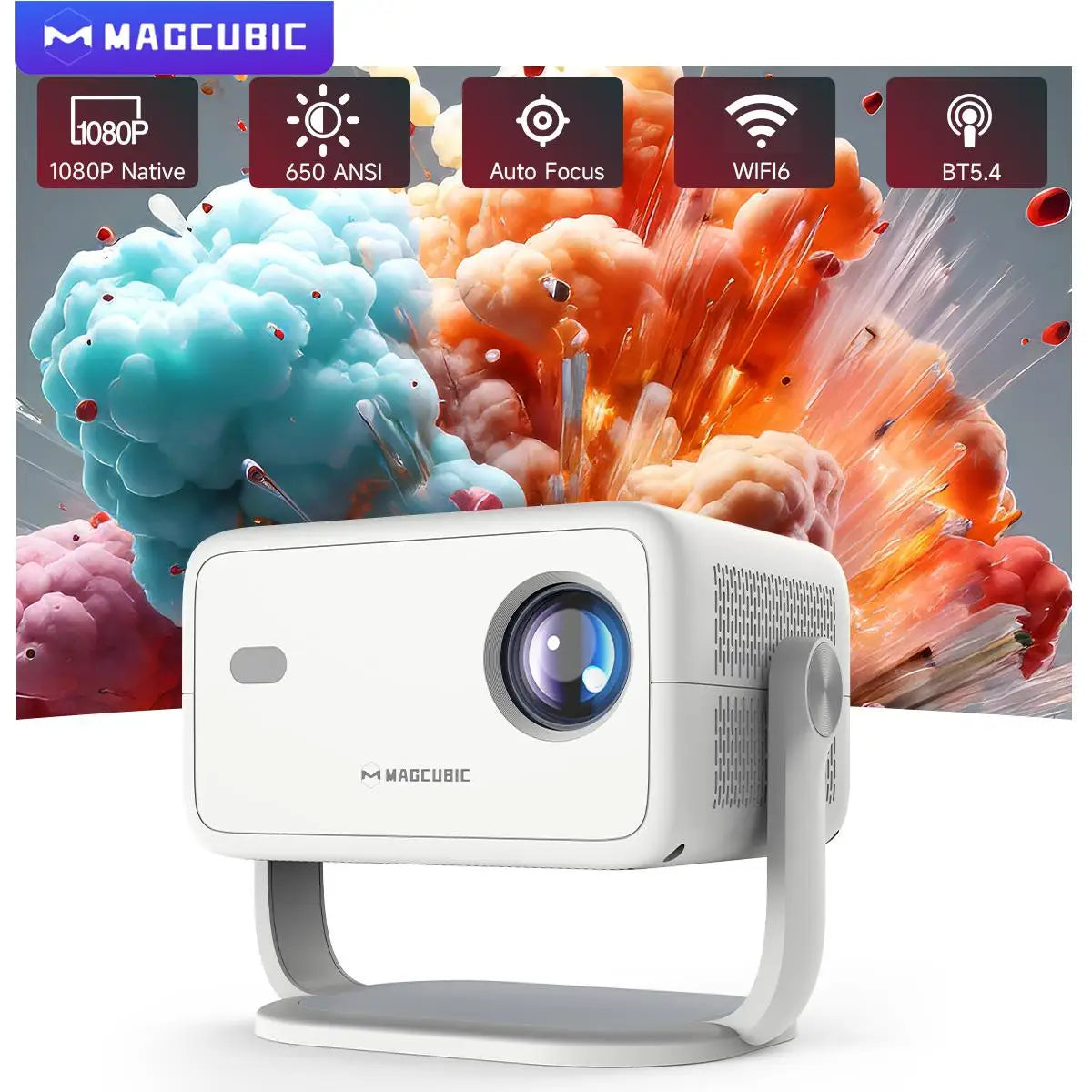 Magcubic 1080P Projector – 650 ANSI, 8K Support, Android 14, 360° Rotation, Auto Focus & Keystone, WiFi 6 & BT 5.4