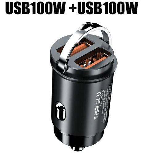 100W Mini Car Charger with Dual USB & Type-C Fast Charging for iPhone 15 Pro Max, Samsung & Huawei