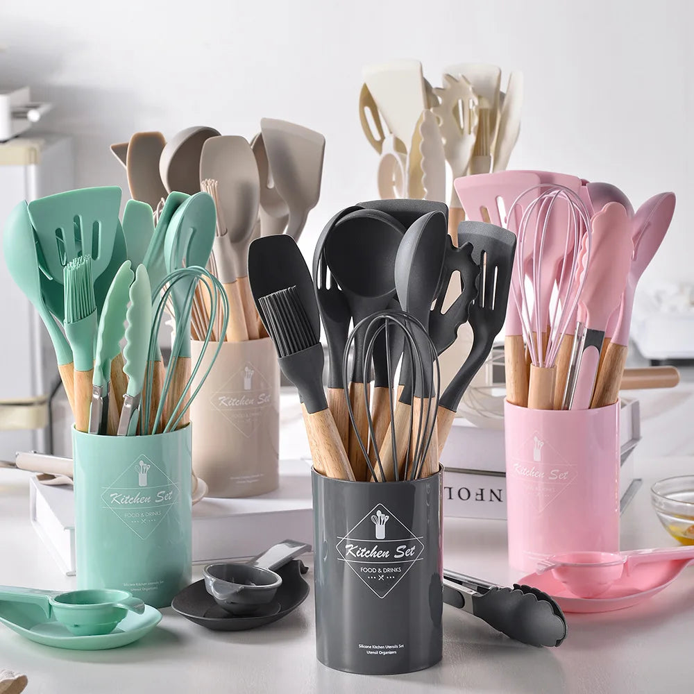 12PCS Silicone Non-Stick Kitchen Utensil Set with Wooden Handles
