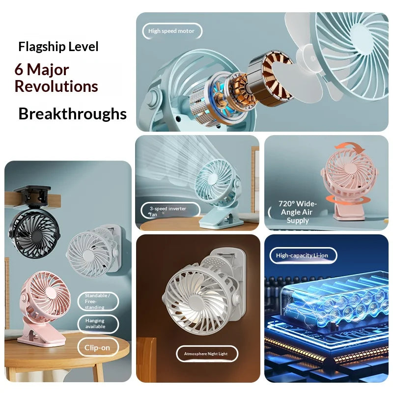 HOMEFISH Portable Clip Fan 720° (Rechargeable, Hanging, Night Light)