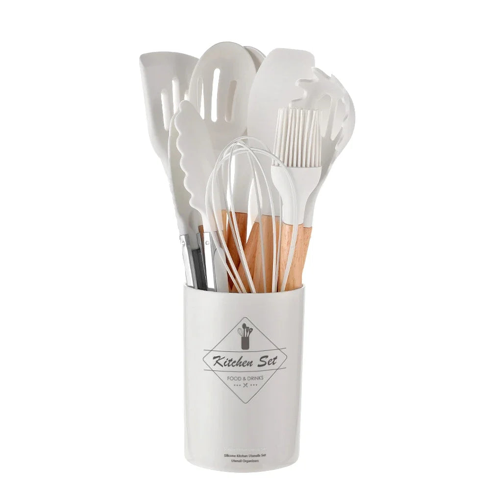 12PCS Silicone Non-Stick Kitchen Utensil Set with Wooden Handles