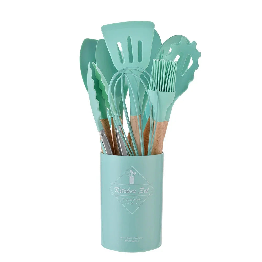 12PCS Silicone Non-Stick Kitchen Utensil Set with Wooden Handles