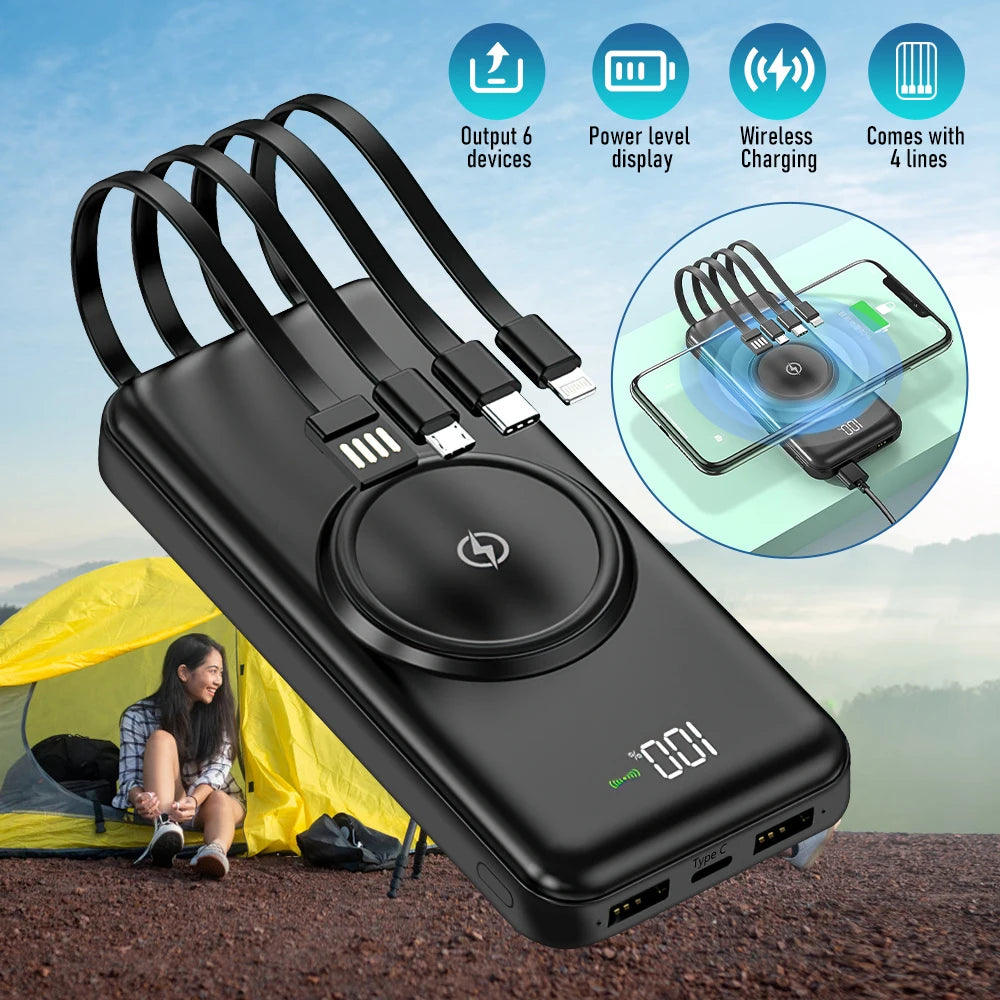 20000mAh Wireless Fast Charging Power Bank (Built-in Cables)