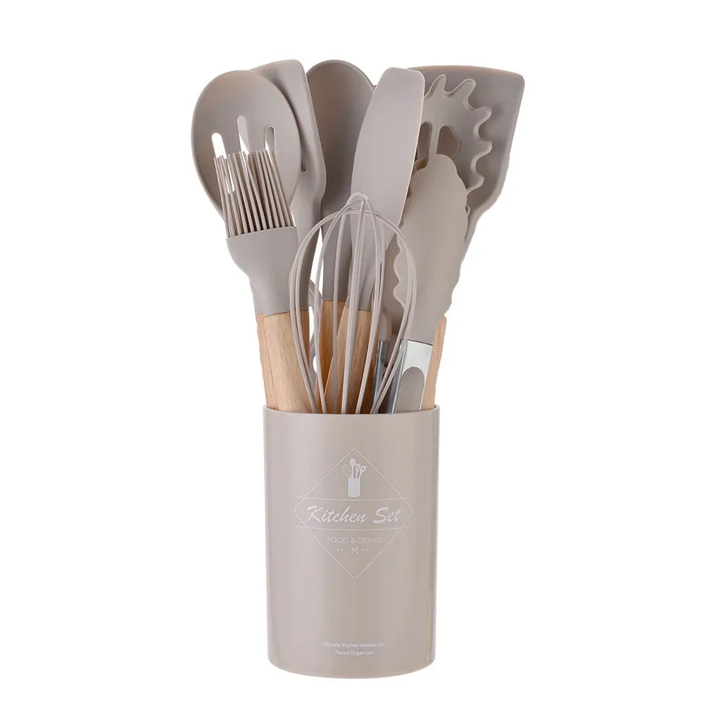 12PCS Silicone Non-Stick Kitchen Utensil Set with Wooden Handles