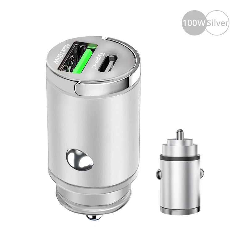 100W Mini Car Charger with Dual USB & Type-C Fast Charging for iPhone 15 Pro Max, Samsung & Huawei
