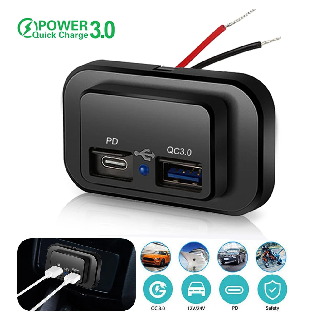 Dual USB Fast Car Charger (PD + QC3.0) med LED