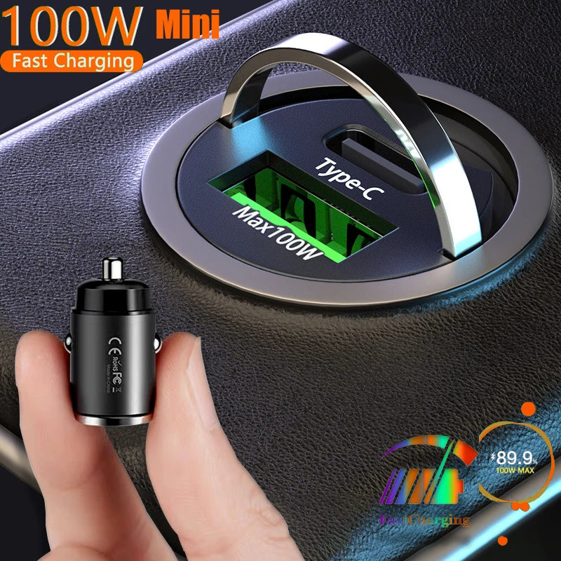 100W Mini Car Charger with Dual USB & Type-C Fast Charging for iPhone 15 Pro Max, Samsung & Huawei