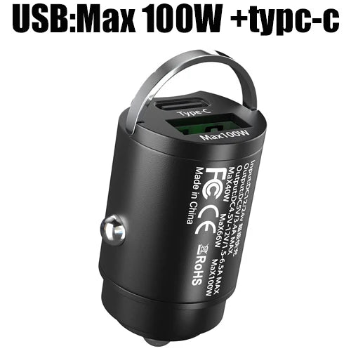100W Mini Car Charger with Dual USB & Type-C Fast Charging for iPhone 15 Pro Max, Samsung & Huawei