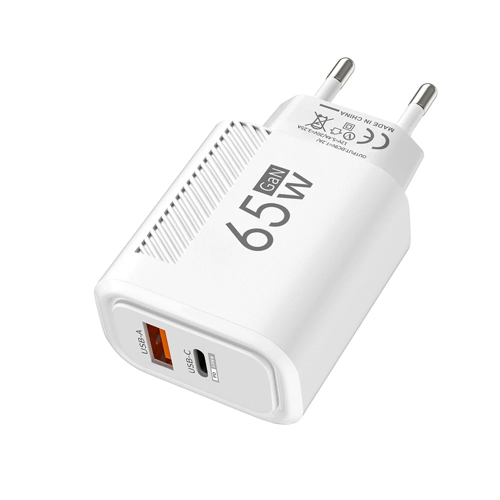 Compact 65W GaN Fast Charger – USB-C PD & QC 3.0 Universal Charger
