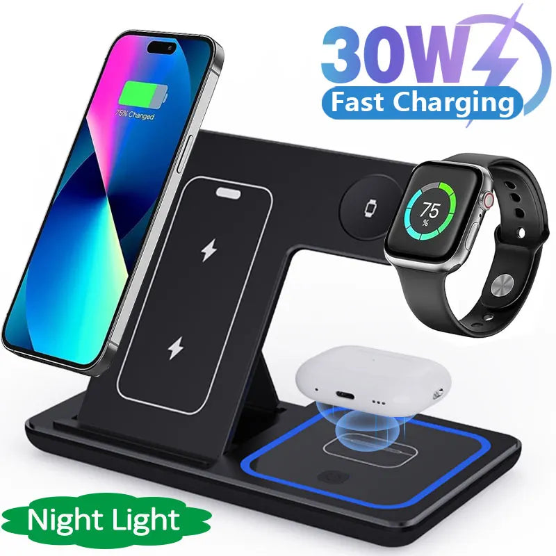3‑in‑1 Fast Wireless Charger Stand – Foldable, LED Indicator, for Apple Devices