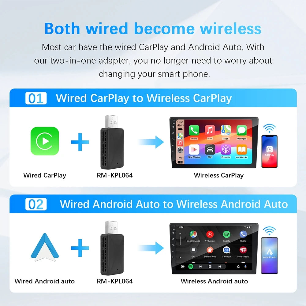 2-i-1 Trådløs CarPlay & Android Auto Adapter