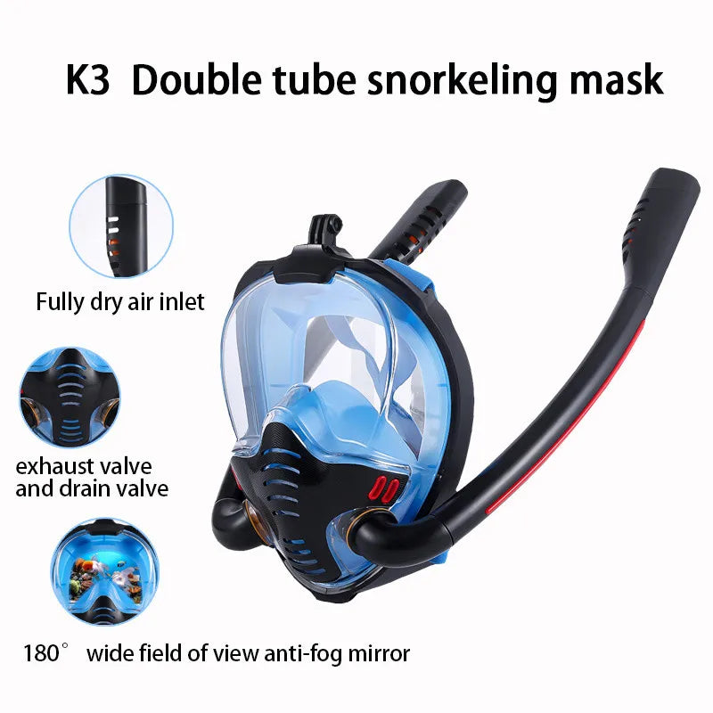 Full Dry Snorkel Mask with Dual Tubes – Silicone Diving Mask for Adults