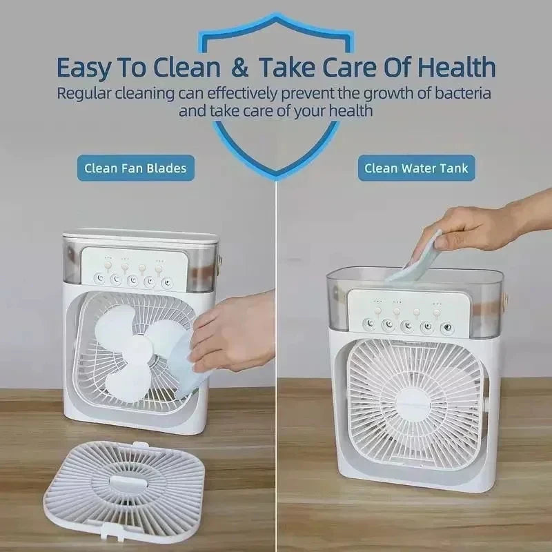 3-in-1 Mini Air Cooler Fan – Humidifier, LED Night Light, Portable Home/Office Fan