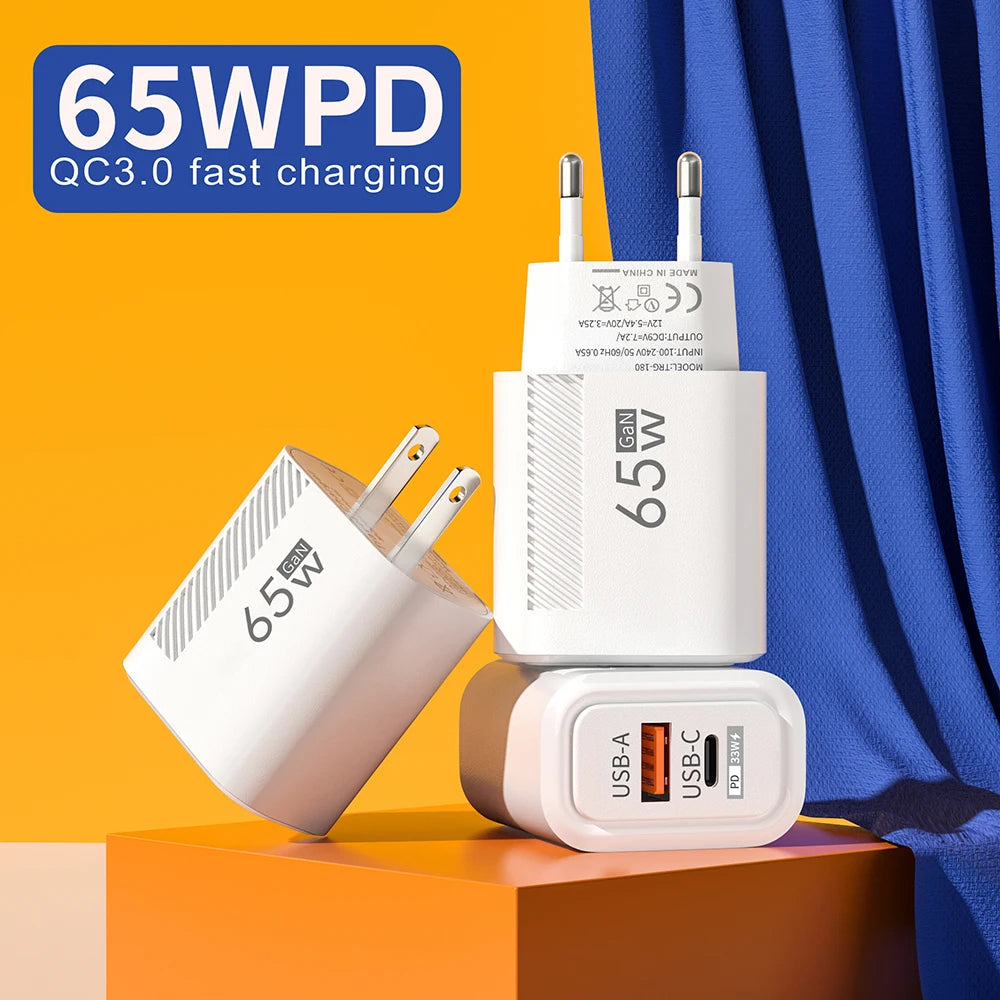 Compact 65W GaN Fast Charger – USB-C PD & QC 3.0 Universal Charger