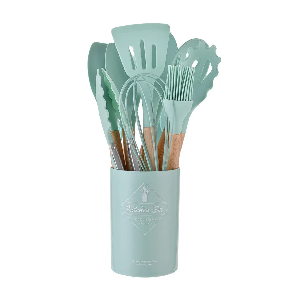 12PCS Silicone Non-Stick Kitchen Utensil Set with Wooden Handles