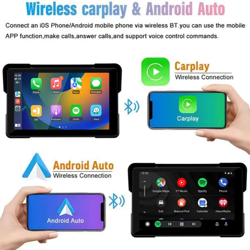 Jansite 5/7" CarPlay Motorcycle GPS DVR Wireless Android Auto IPX7 Monitor