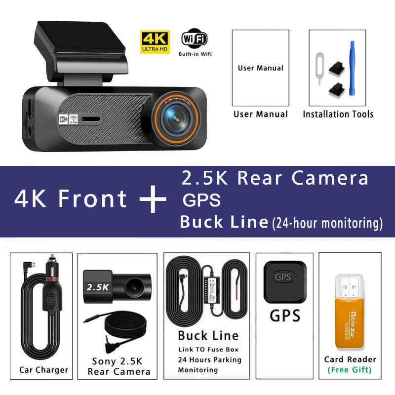 4K Dual Dash Cam with ADAS & GPS – 5G WiFi, Front 4K + Rear 2.5K, Night Vision 24H Smart Car DVR