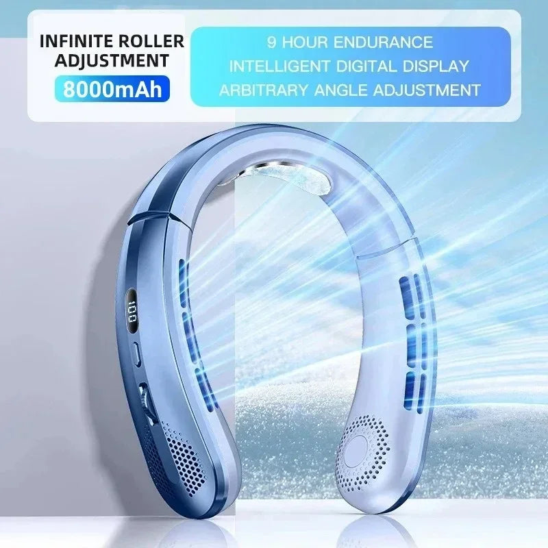 Neck Fan 8000mAh – Bladeless USB Mini Air Cooler LED Display