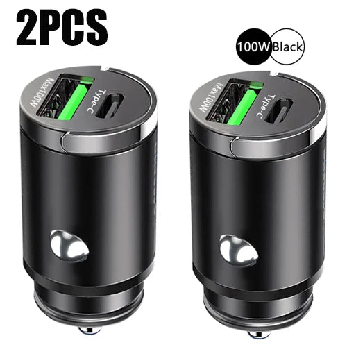 100W Mini Car Charger with Dual USB & Type-C Fast Charging for iPhone 15 Pro Max, Samsung & Huawei