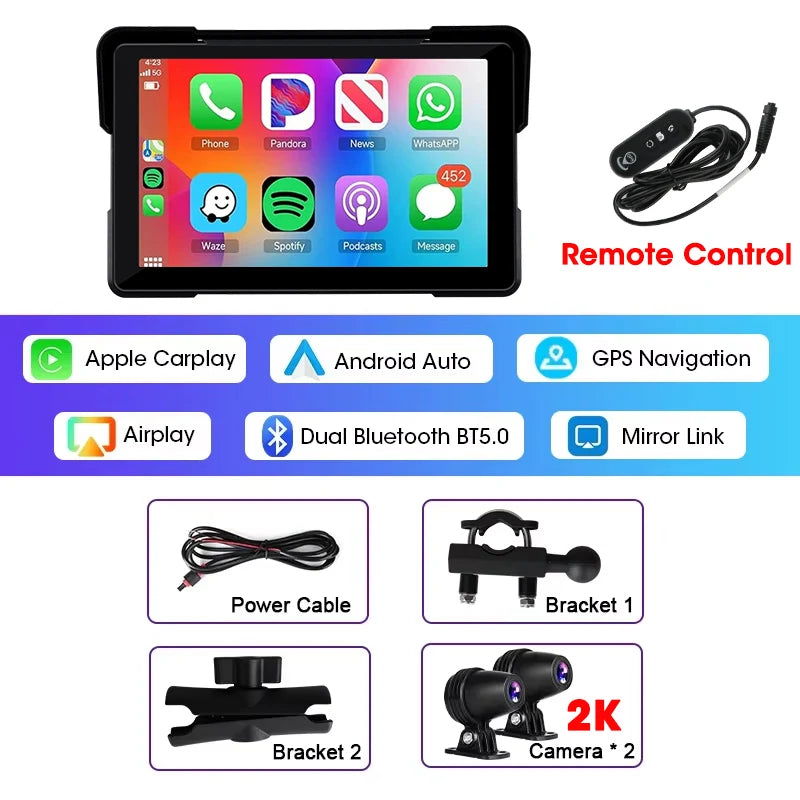 Jansite 5/7" CarPlay Motorcycle GPS DVR Wireless Android Auto IPX7 Monitor