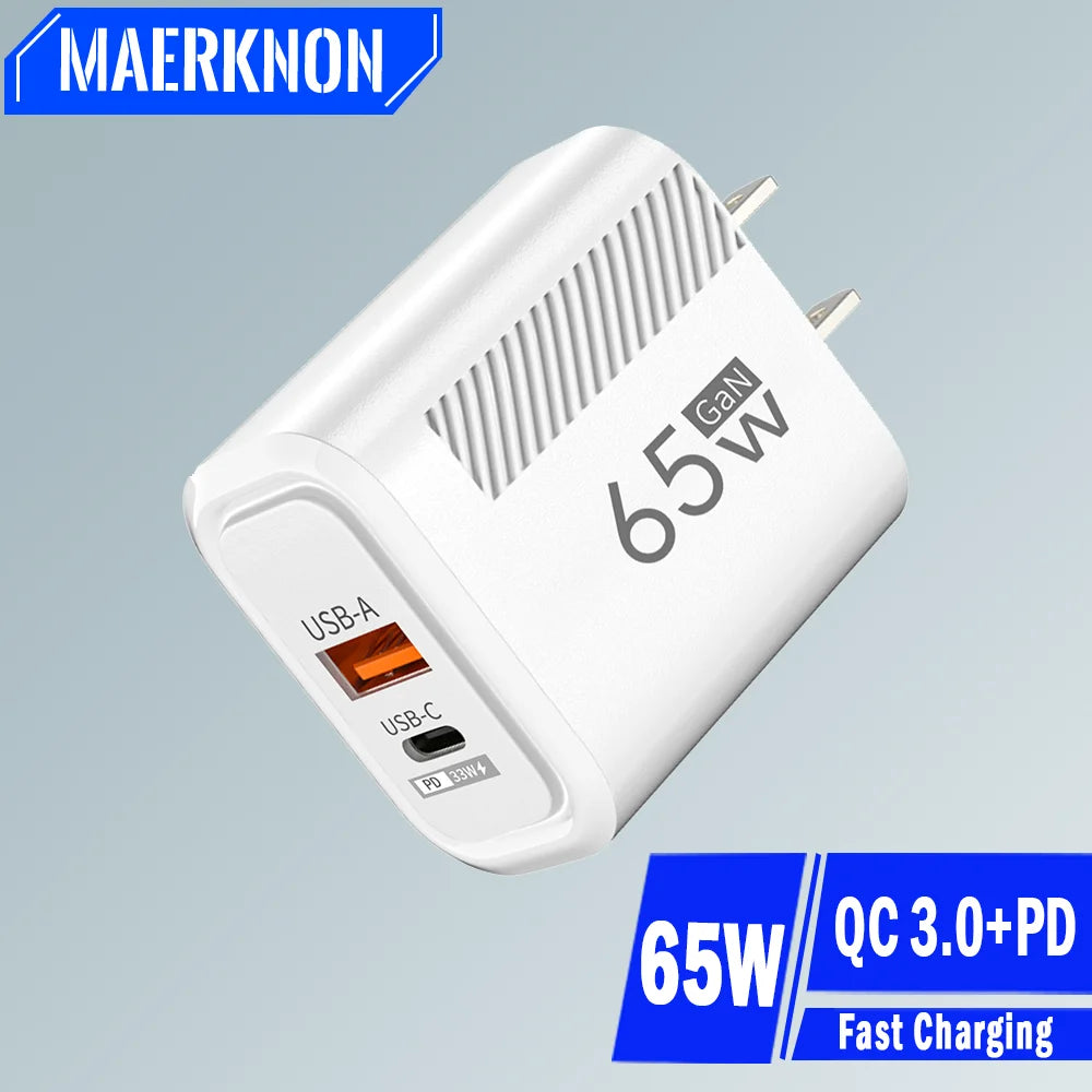 Compact 65W GaN Fast Charger – USB-C PD & QC 3.0 Universal Charger