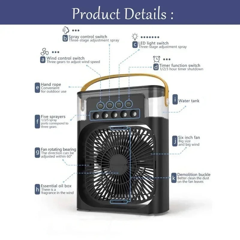 3-in-1 Mini Air Cooler Fan – Humidifier, LED Night Light, Portable Home/Office Fan