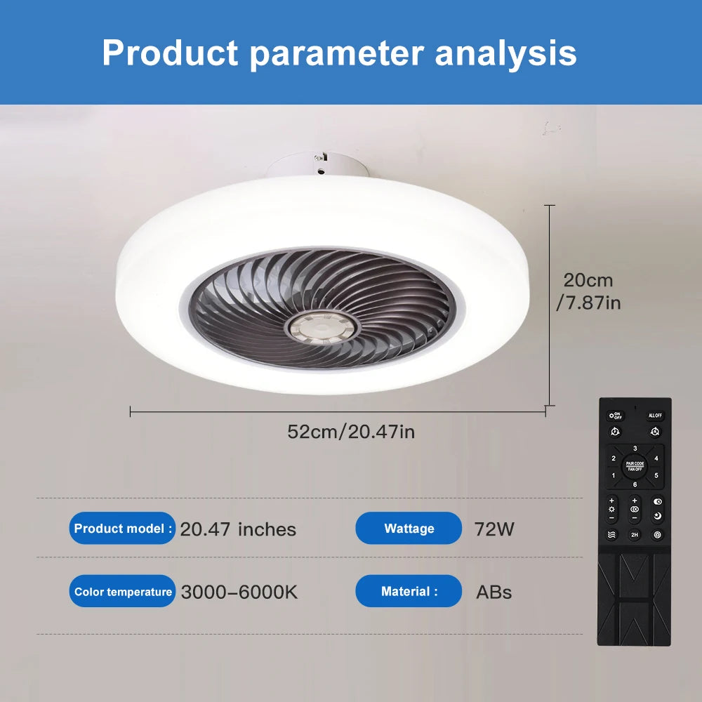 Smart Ceiling Fan with Light, Remote Control, Silent 52cm Invisible Blades