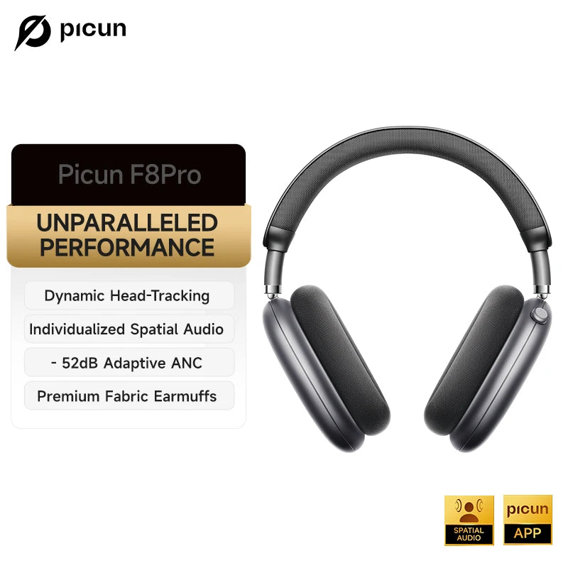 Picun F8 Pro ANC Wireless Headphones – 3D Spatial Audio, -52dB Noise Cancelling, Bluetooth HiFi Headset with ENC Mic & App Control