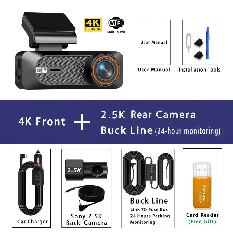 4K Dual Dash Cam with ADAS & GPS – 5G WiFi, Front 4K + Rear 2.5K, Night Vision 24H Smart Car DVR