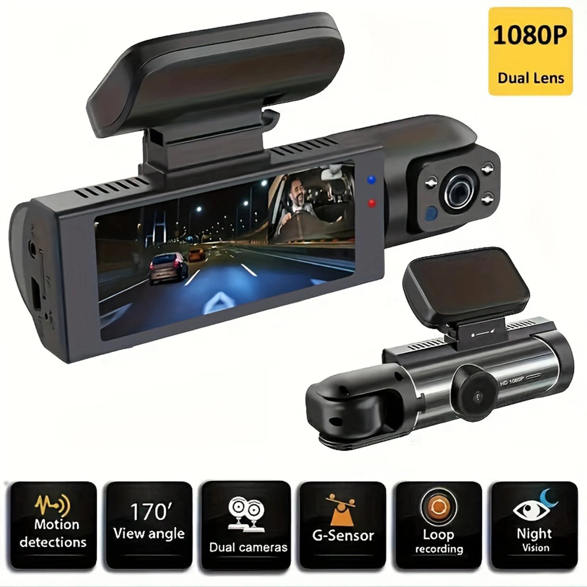 Dual Lens Full HD 1080P Car Dash Cam (Front + Cabin Recorder)