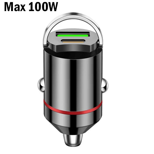 100W Mini Car Charger with Dual USB & Type-C Fast Charging for iPhone 15 Pro Max, Samsung & Huawei