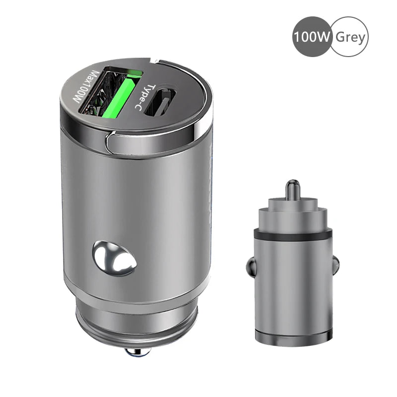 100W Mini Car Charger with Dual USB & Type-C Fast Charging for iPhone 15 Pro Max, Samsung & Huawei