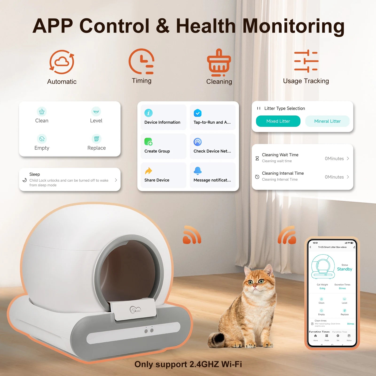 DOEL 65L Smart Self-Cleaning Cat Litter Box – App Controlled Automatic System with 2.4G WiFi, Odor Control, Litter Mat & Trash Bags