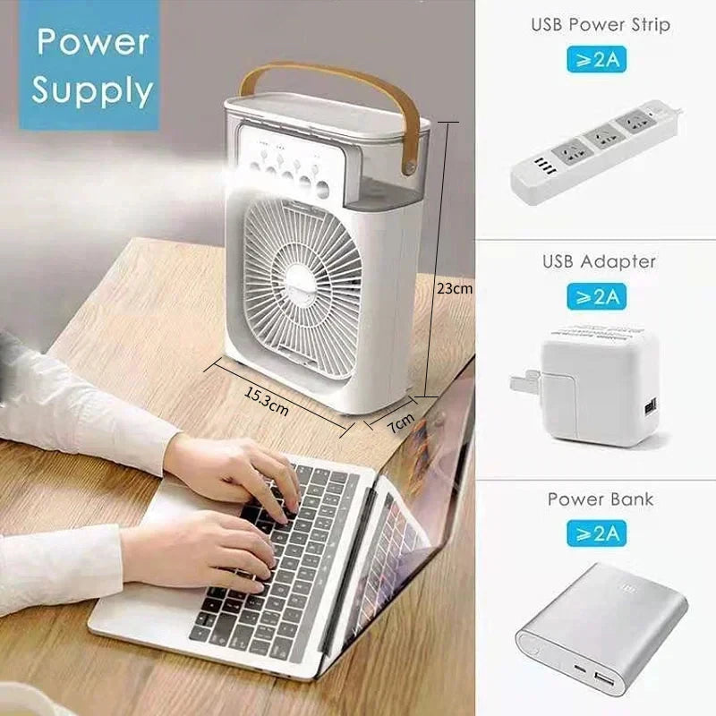 3-in-1 Mini Air Cooler Fan – Humidifier, LED Night Light, Portable Home/Office Fan