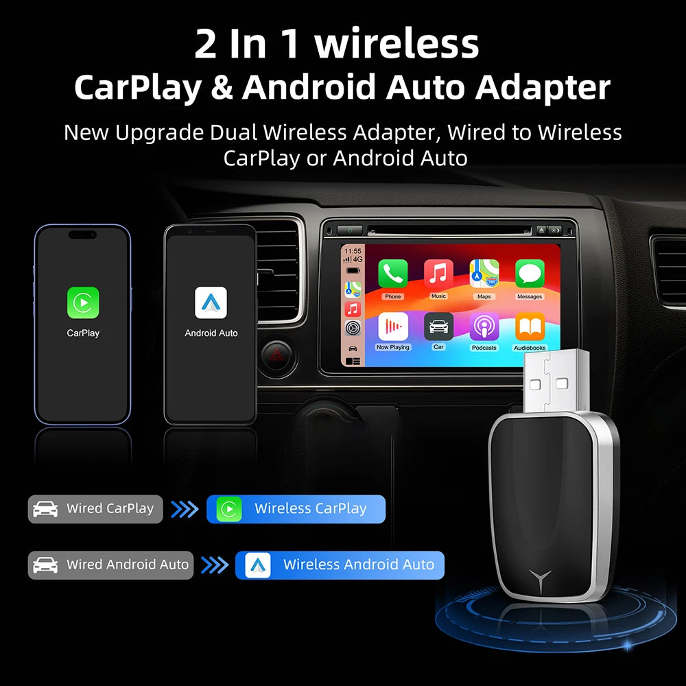 2-i-1 Trådløs CarPlay & Android Auto Adapter