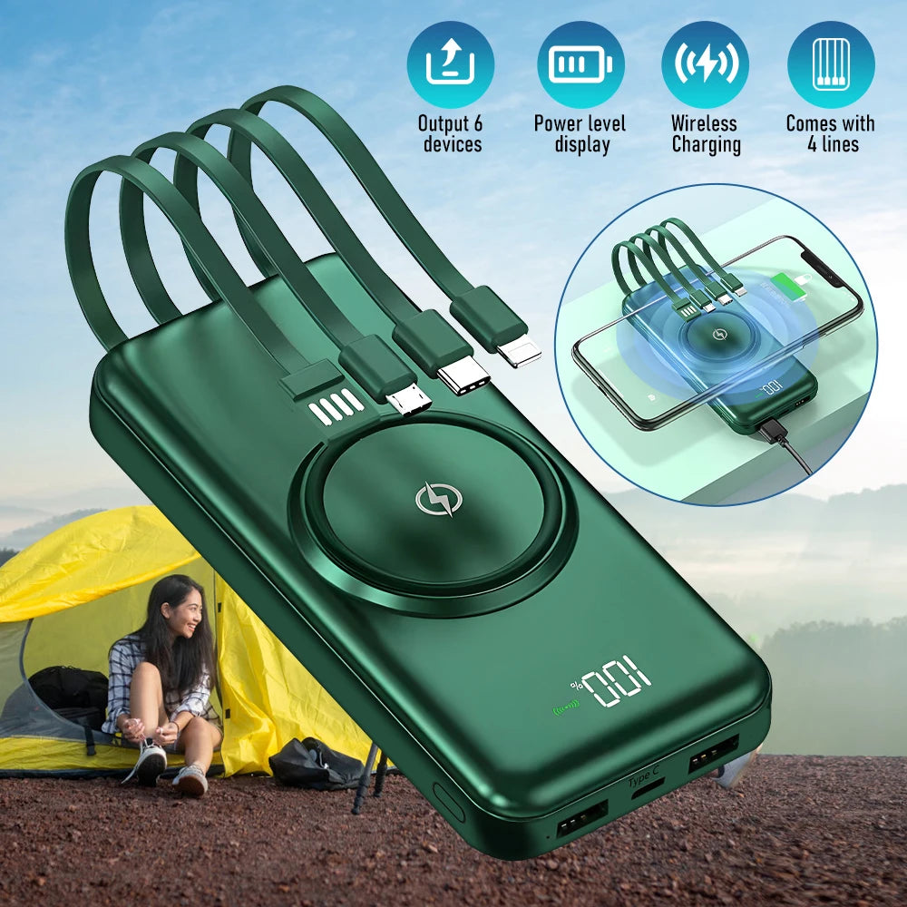 20000mAh Wireless Fast Charging Power Bank (Built-in Cables)