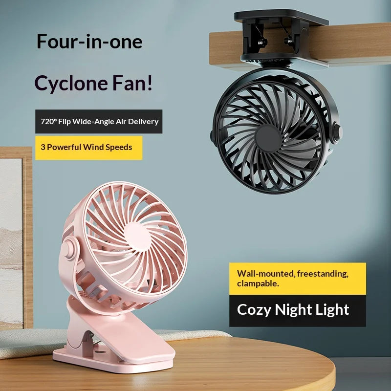 HOMEFISH Portable Clip Fan 720° (Rechargeable, Hanging, Night Light)