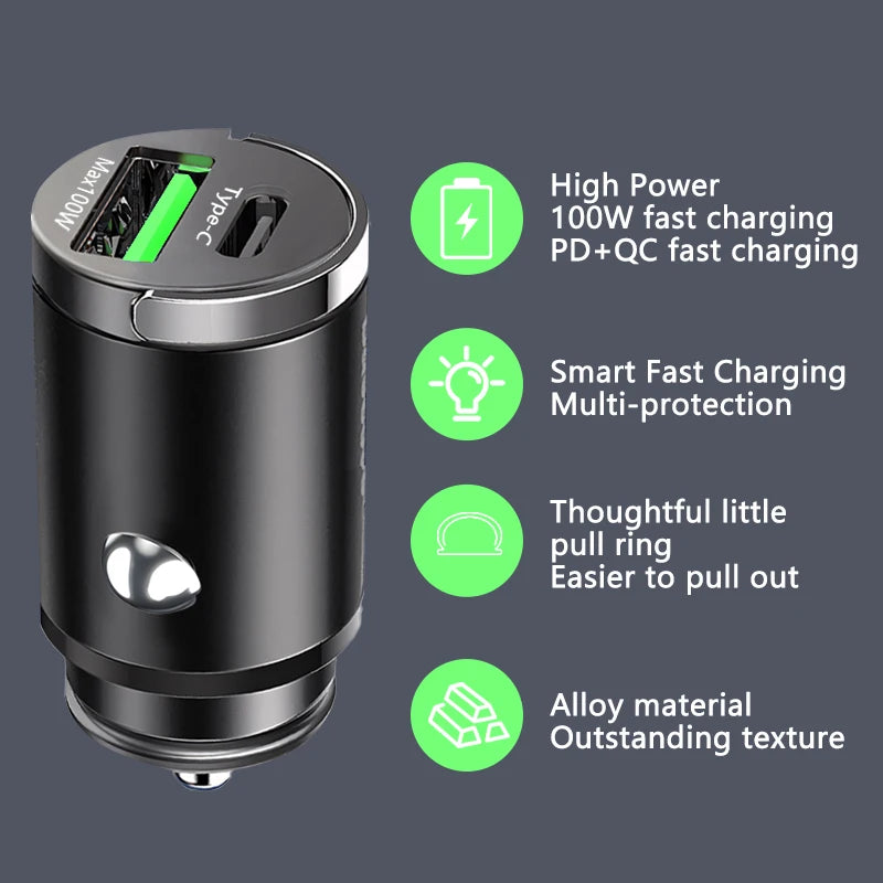 100W Mini Car Charger with Dual USB & Type-C Fast Charging for iPhone 15 Pro Max, Samsung & Huawei