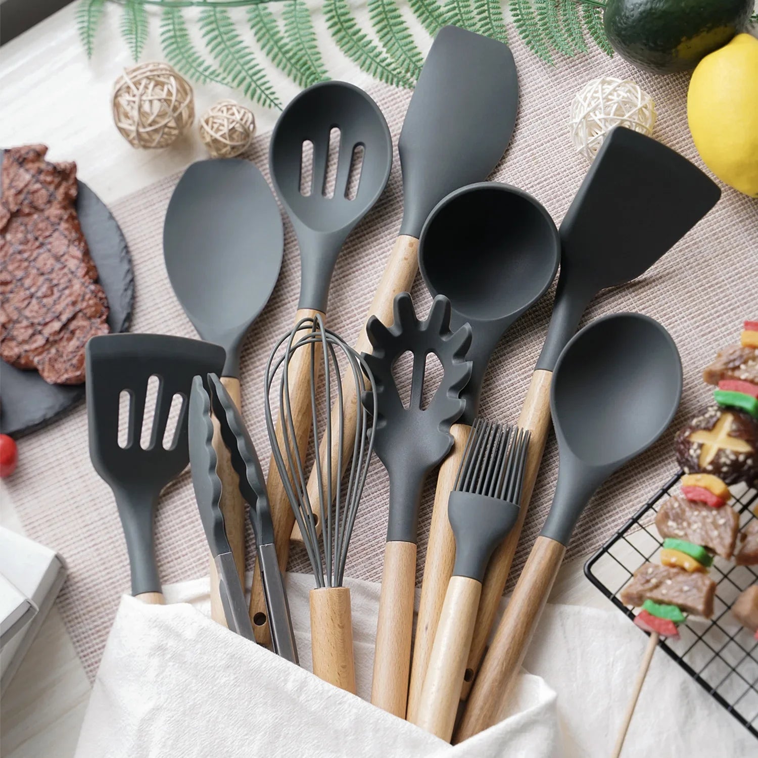 12PCS Silicone Non-Stick Kitchen Utensil Set with Wooden Handles