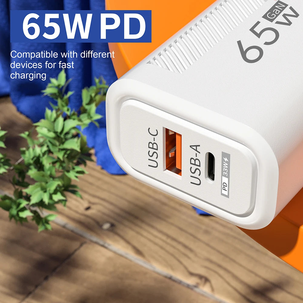 Compact 65W GaN Fast Charger – USB-C PD & QC 3.0 Universal Charger
