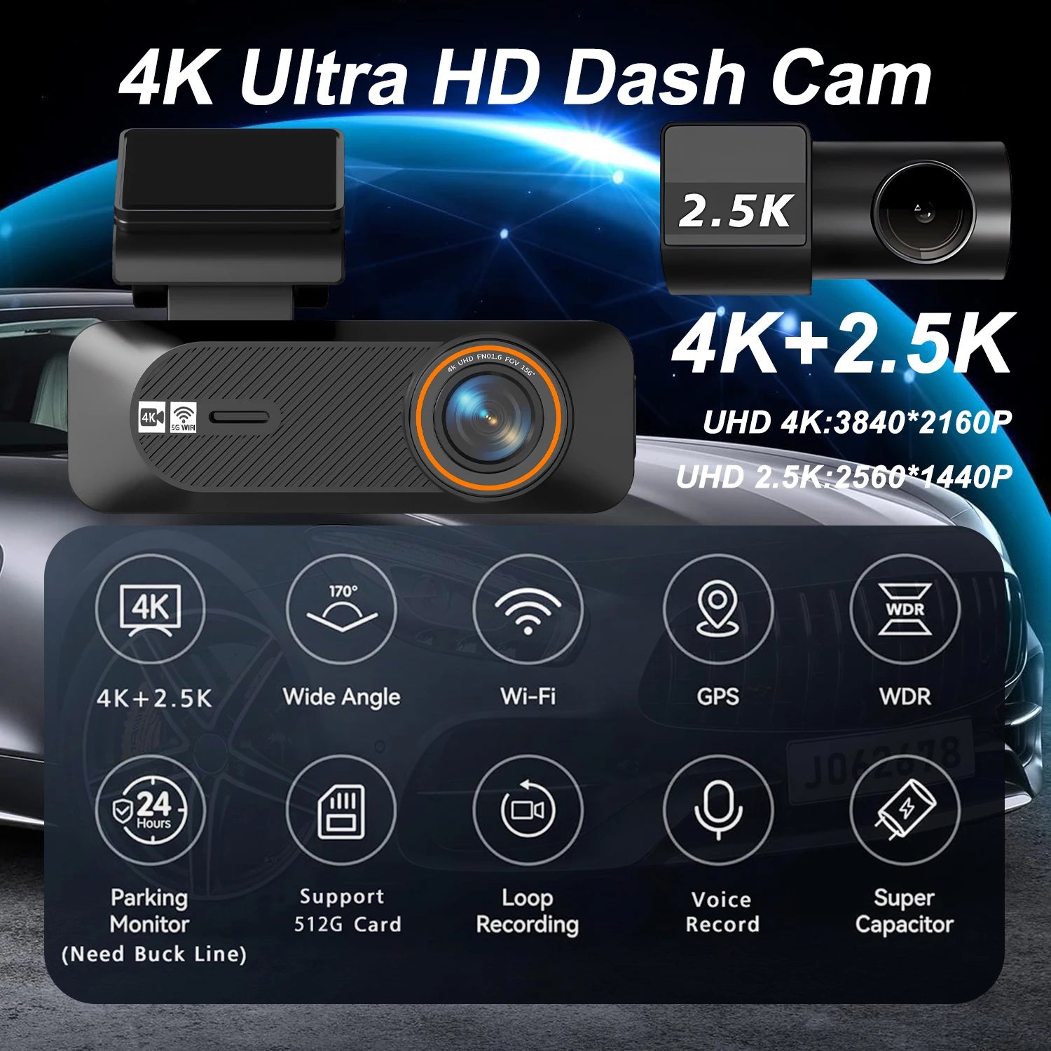 4K Dual Dash Cam with ADAS & GPS – 5G WiFi, Front 4K + Rear 2.5K, Night Vision 24H Smart Car DVR