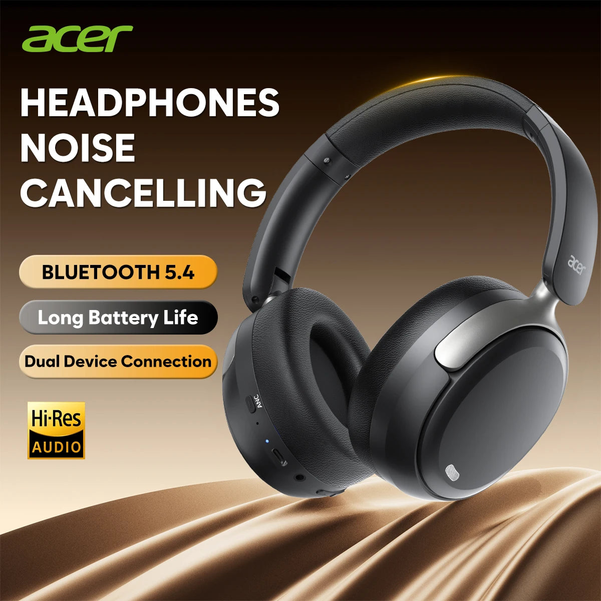 Acer ANC Wireless Headphones – Noise Cancelling, Hi-Res Audio, Bluetooth Over-Ear Headset with 40mm Drivers (OHR516)