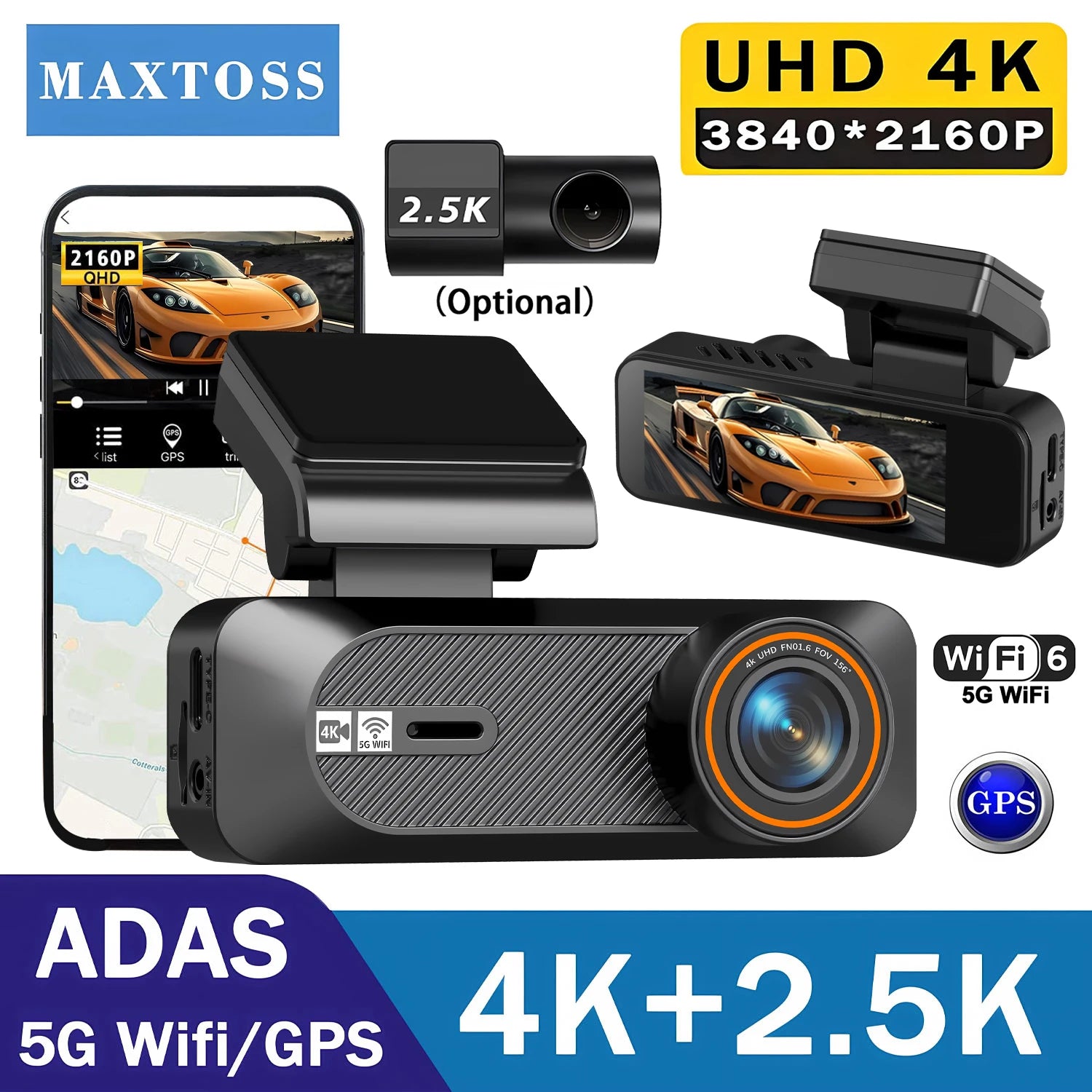 4K Dual Dash Cam with ADAS & GPS – 5G WiFi, Front 4K + Rear 2.5K, Night Vision 24H Smart Car DVR