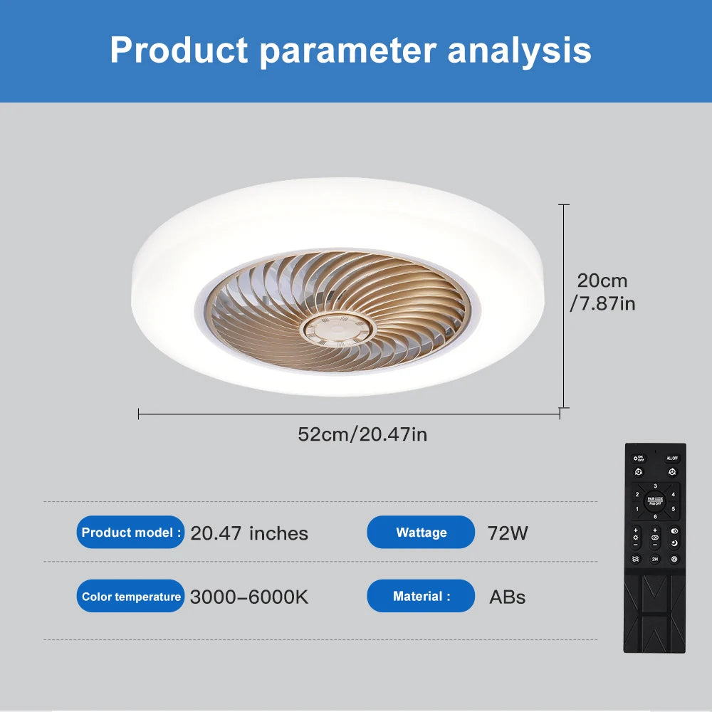 Smart Ceiling Fan with Light, Remote Control, Silent 52cm Invisible Blades