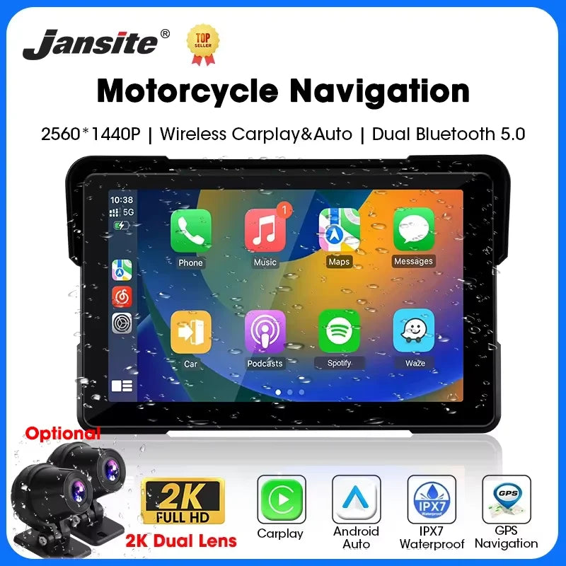 Jansite 5/7" CarPlay Motorcycle GPS DVR Wireless Android Auto IPX7 Monitor
