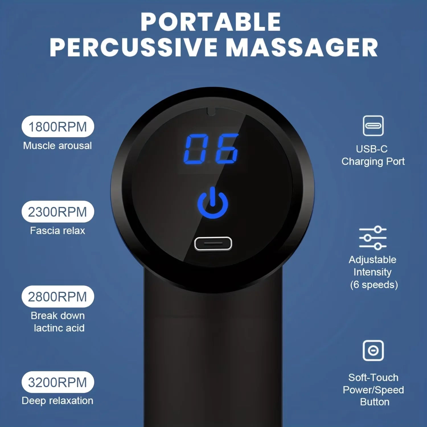 Portable Electric Massage Gun – LED Touch, 4 Interchangeable Heads